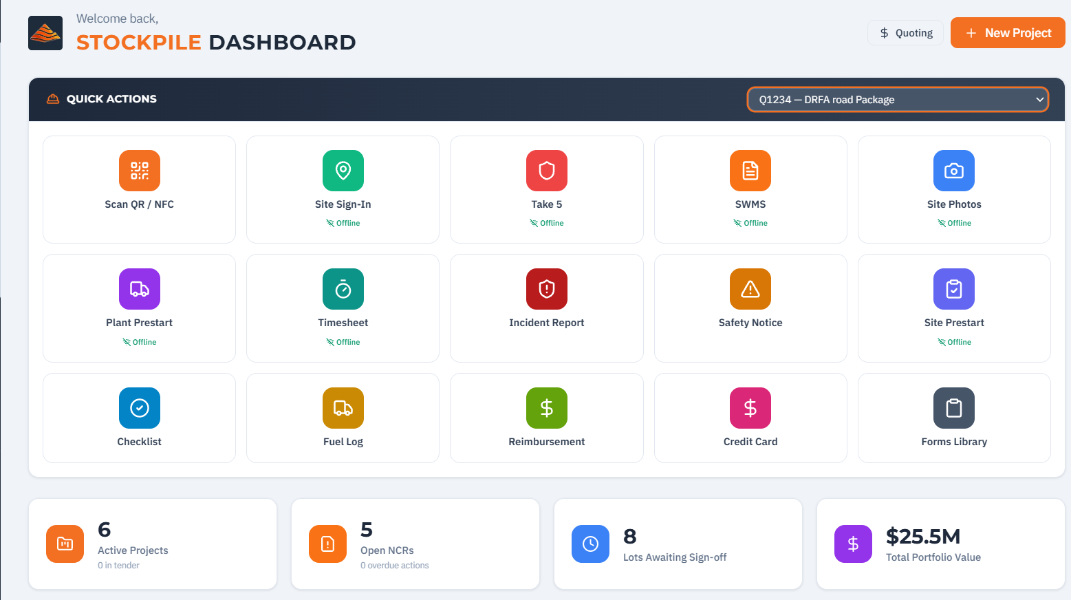Stockpile PM Dashboard — project cards, yard tasks, portfolio summary